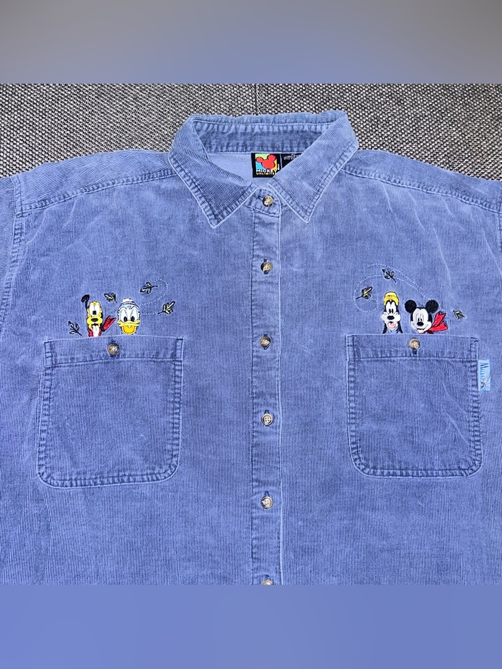 Rare 90s Disney Blue Corduroy Button Shirt Embroidered Mickey & Friends - Picture 1 of 7